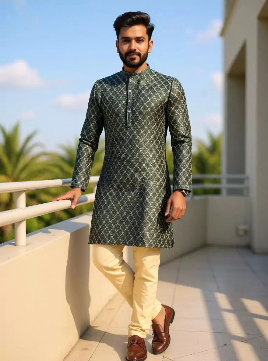 Image of Bottle Green Jacquard Kurta with Gold Pyjama