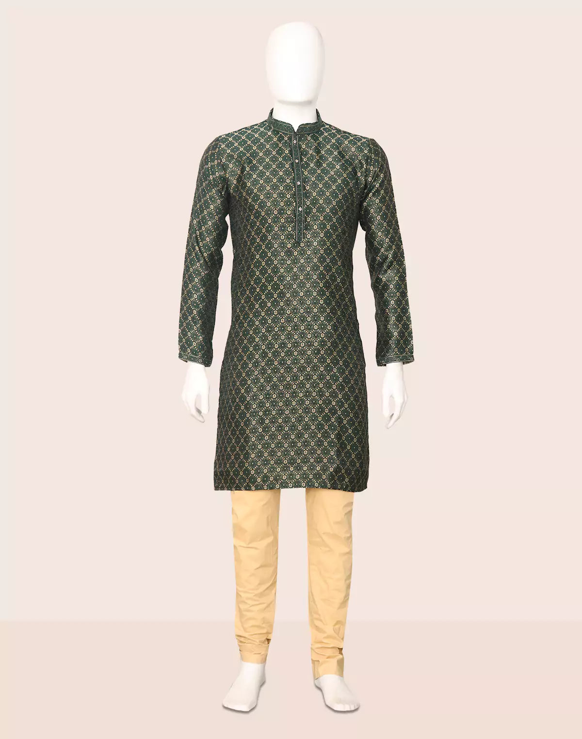 Bottle Green Jacquard Kurta with Gold Pyjama