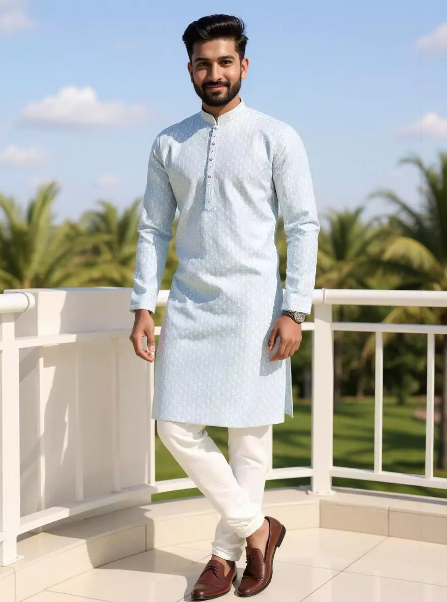 Image of Sky Blue Floral Thread work Cotton Silk Kurta Pyjama Set