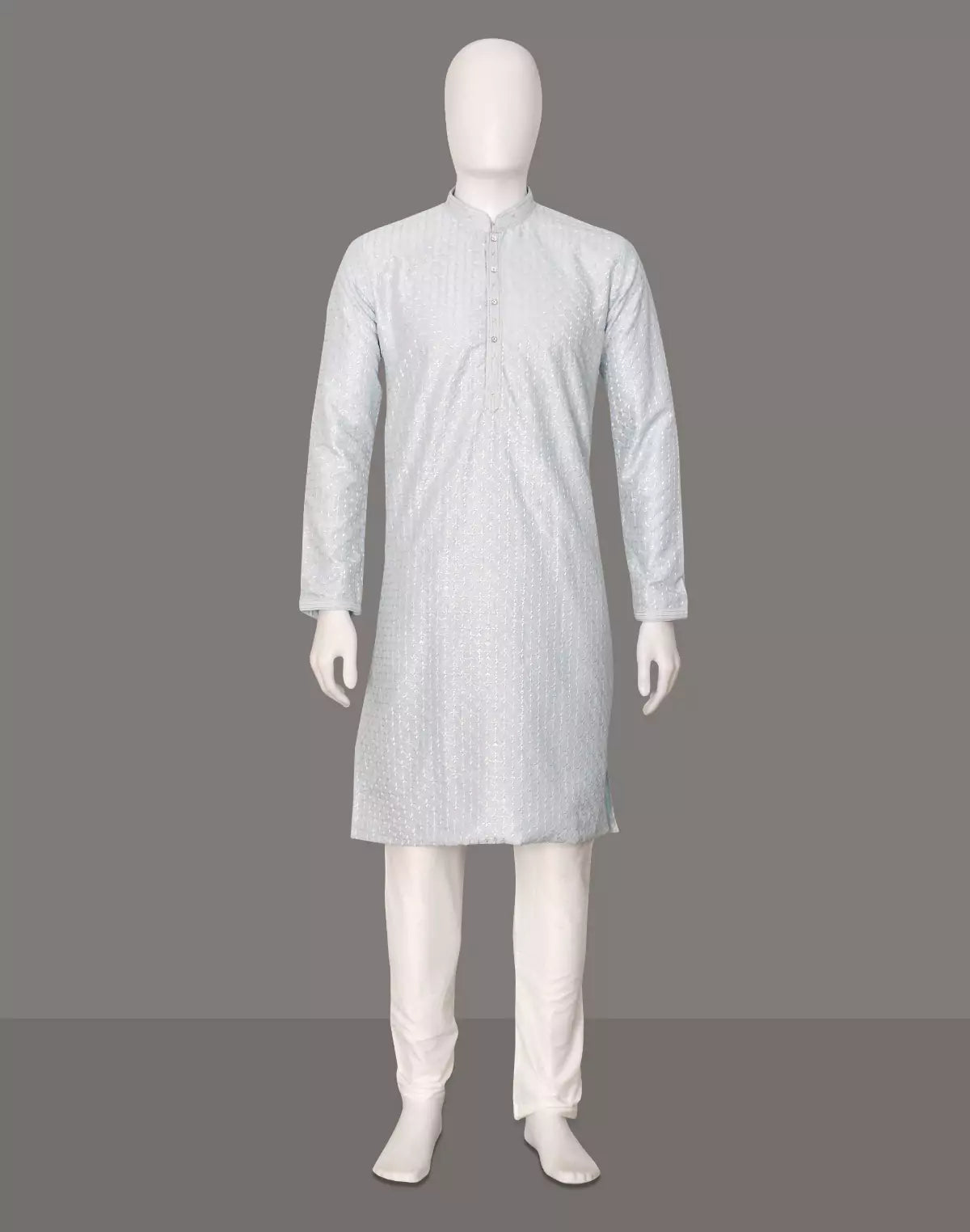 Image of Sky Blue Floral Thread work Cotton Silk Kurta Pyjama Set