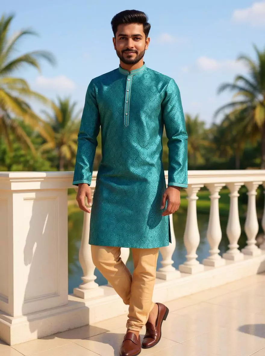 Image of Rama Green Floral Weaving Jacquard Kurta Pajama