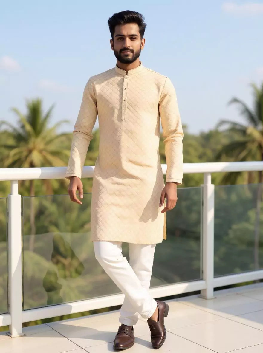 Image of Thread work Geometric Jacquard Kurta with Pyjama
