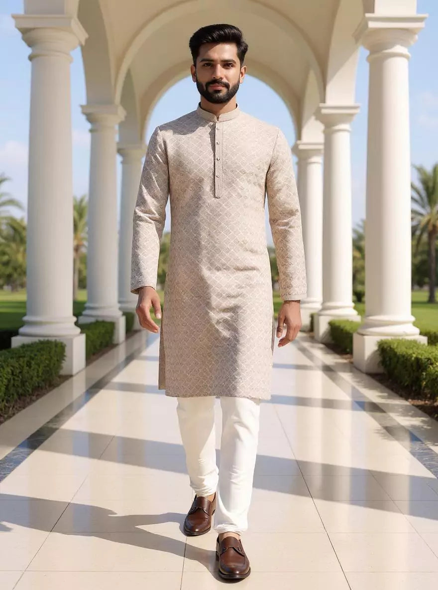 Image of Thread work Geometric Jacquard Kurta with Pyjama