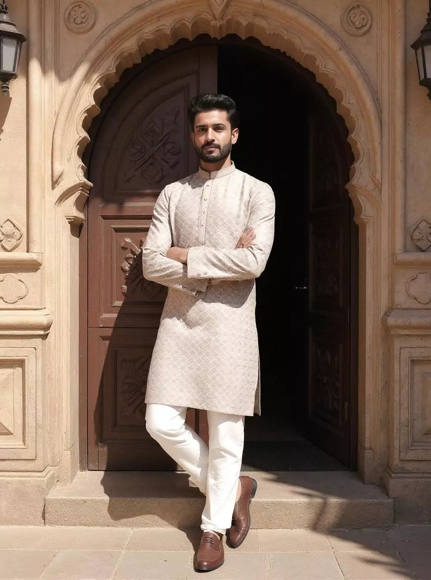 Image of Thread work Geometric Jacquard Kurta with Pyjama