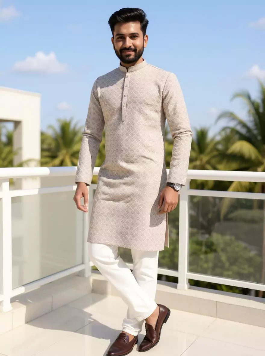 Image of Thread work Geometric Jacquard Kurta with Pyjama