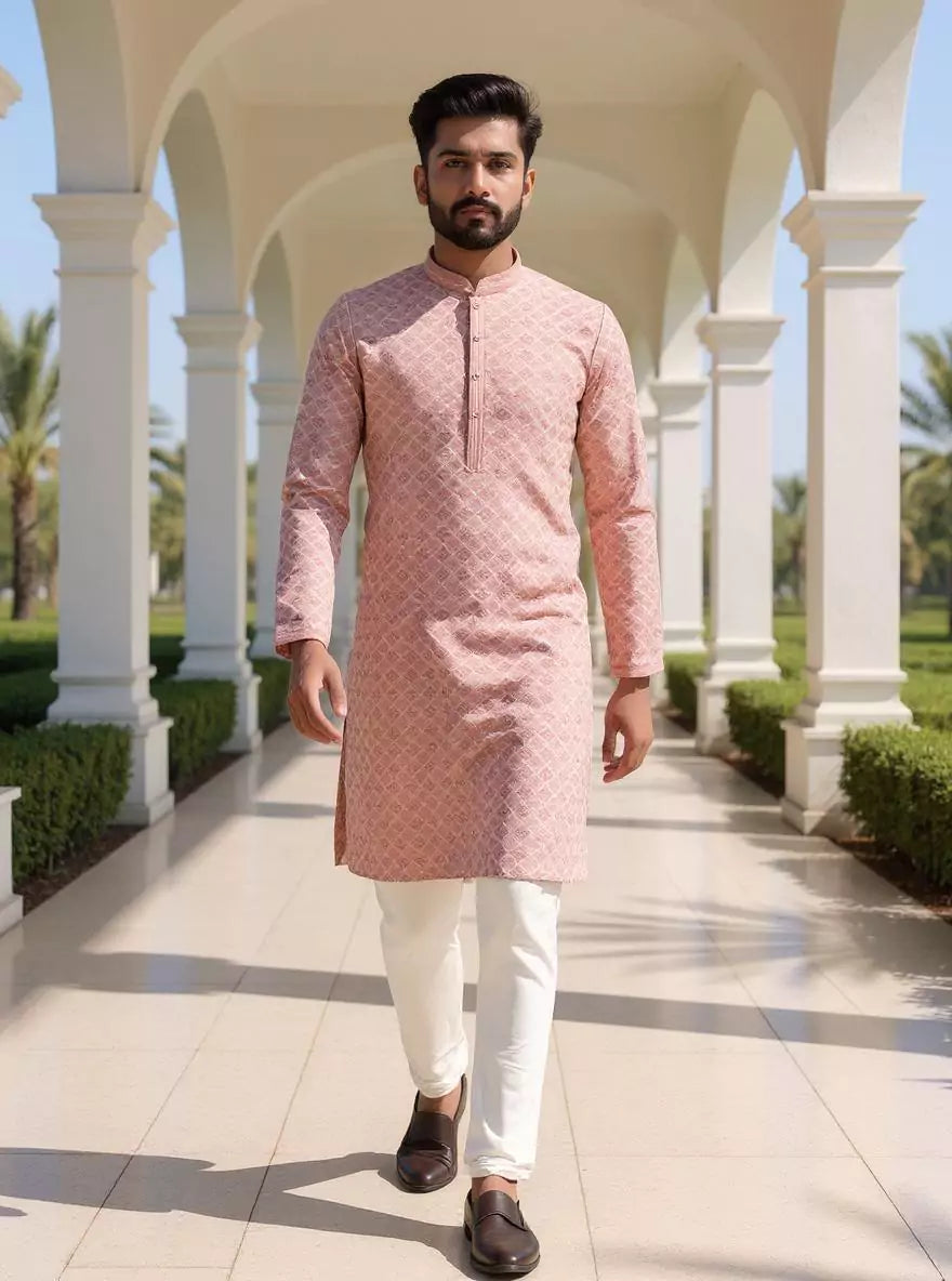 Image of Thread work Geometric Jacquard Kurta with Pyjama