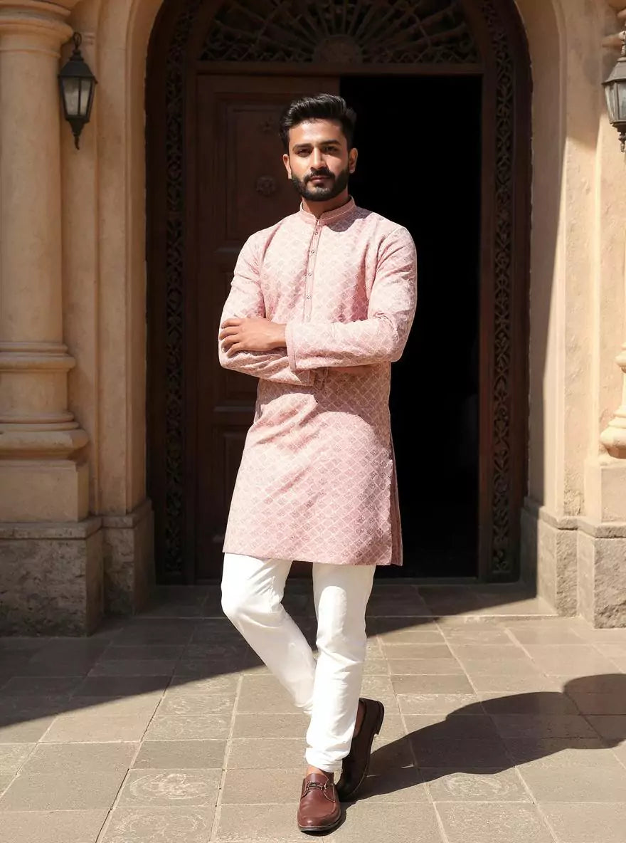 Image of Thread work Geometric Jacquard Kurta with Pyjama