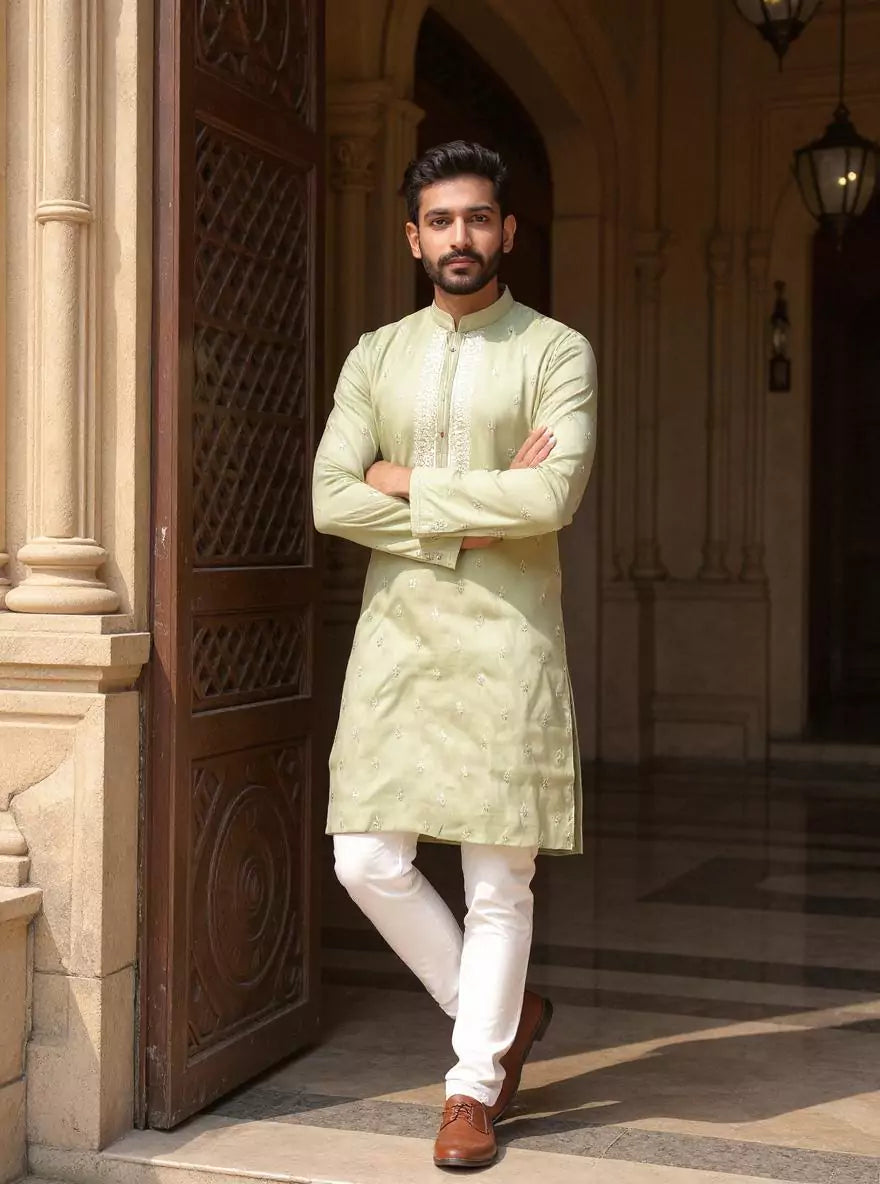 Image of Floral Embroidery work Milky Silk Pista Kurta Pyjama Set