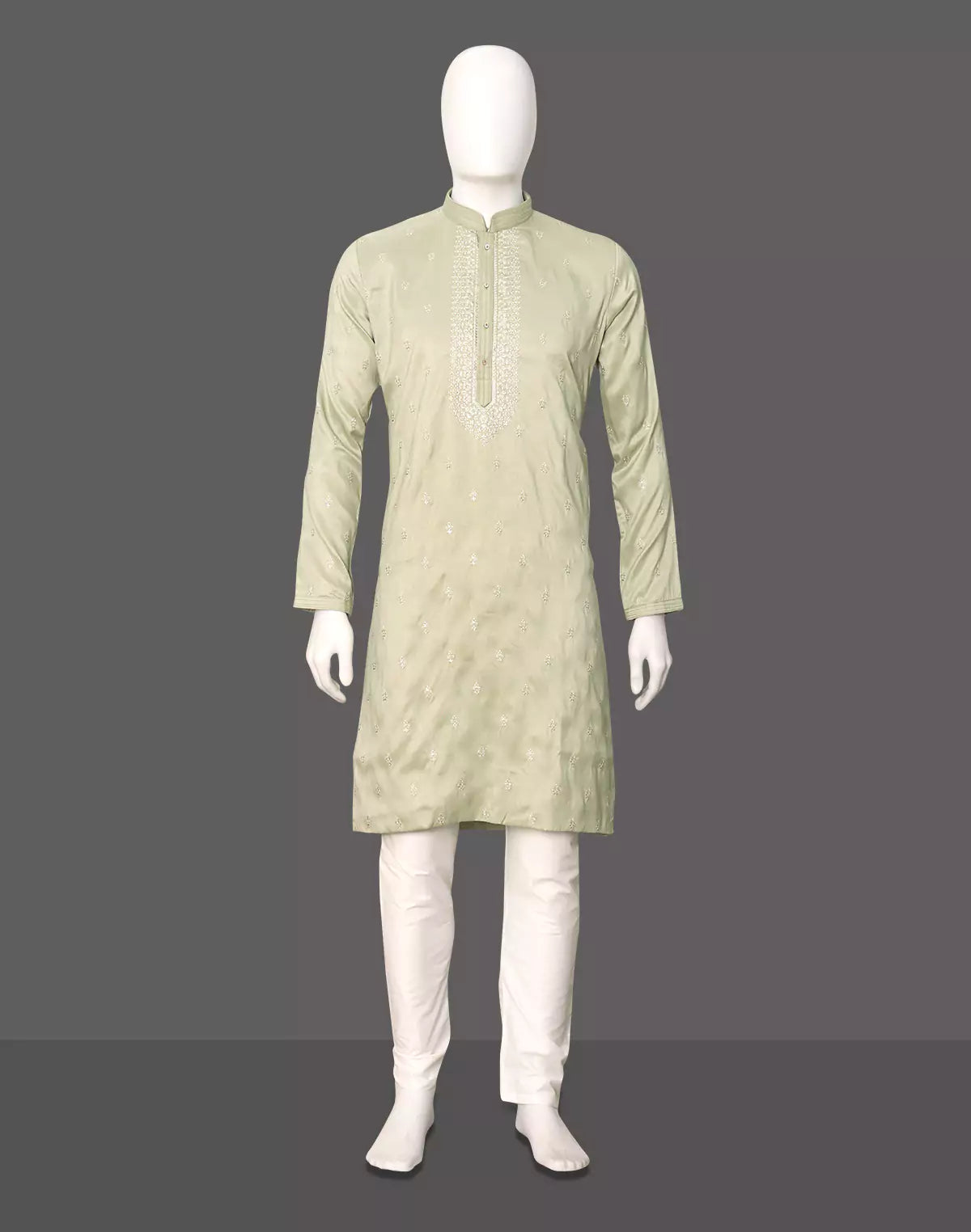 Image of Floral Embroidery work Milky Silk Pista Kurta Pyjama Set