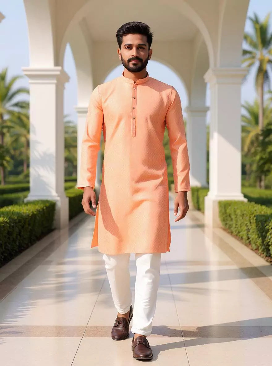 Image of Cotton Silk Self Patterned Peach Kurta with Gold Pyjama