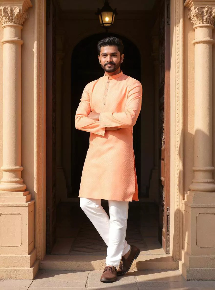 Image of Cotton Silk Self Patterned Peach Kurta with Gold Pyjama