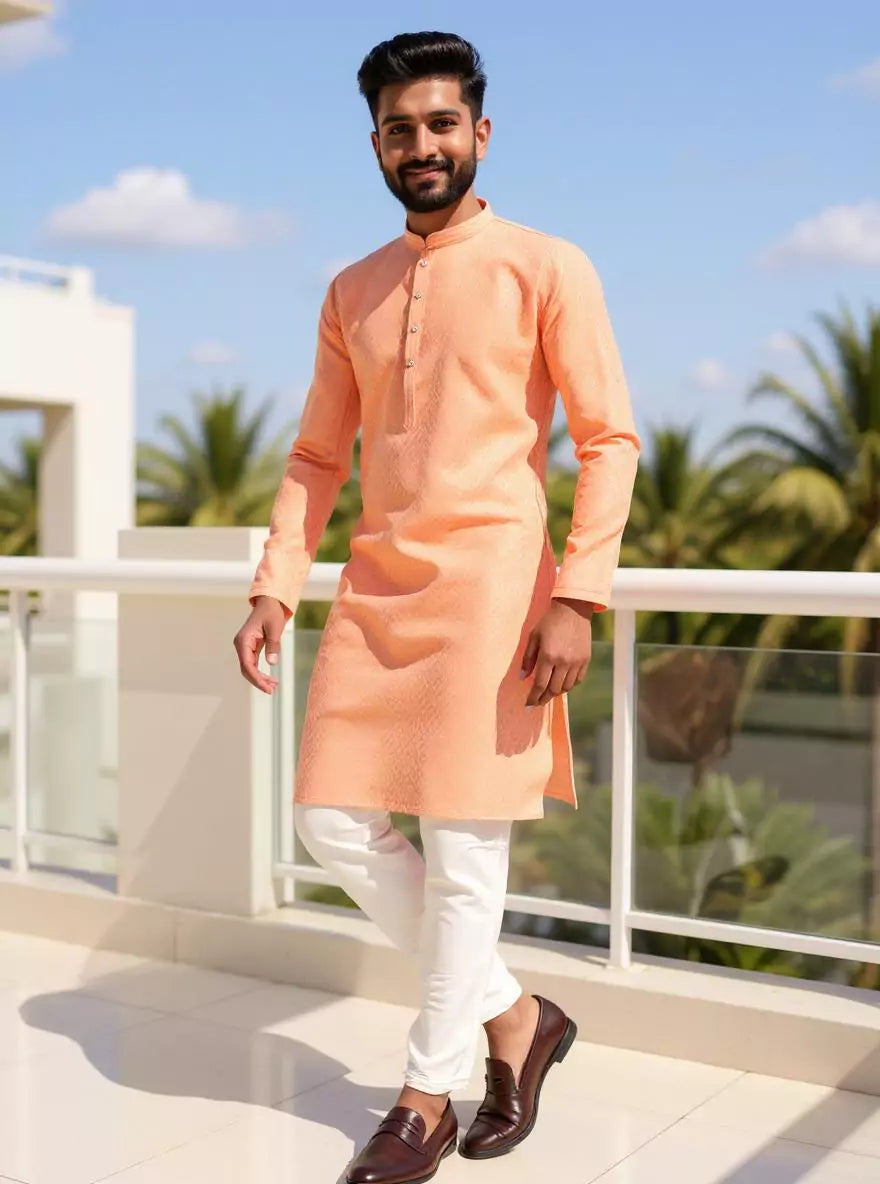 Cotton Silk Self Patterned Peach Kurta with Gold Pyjama