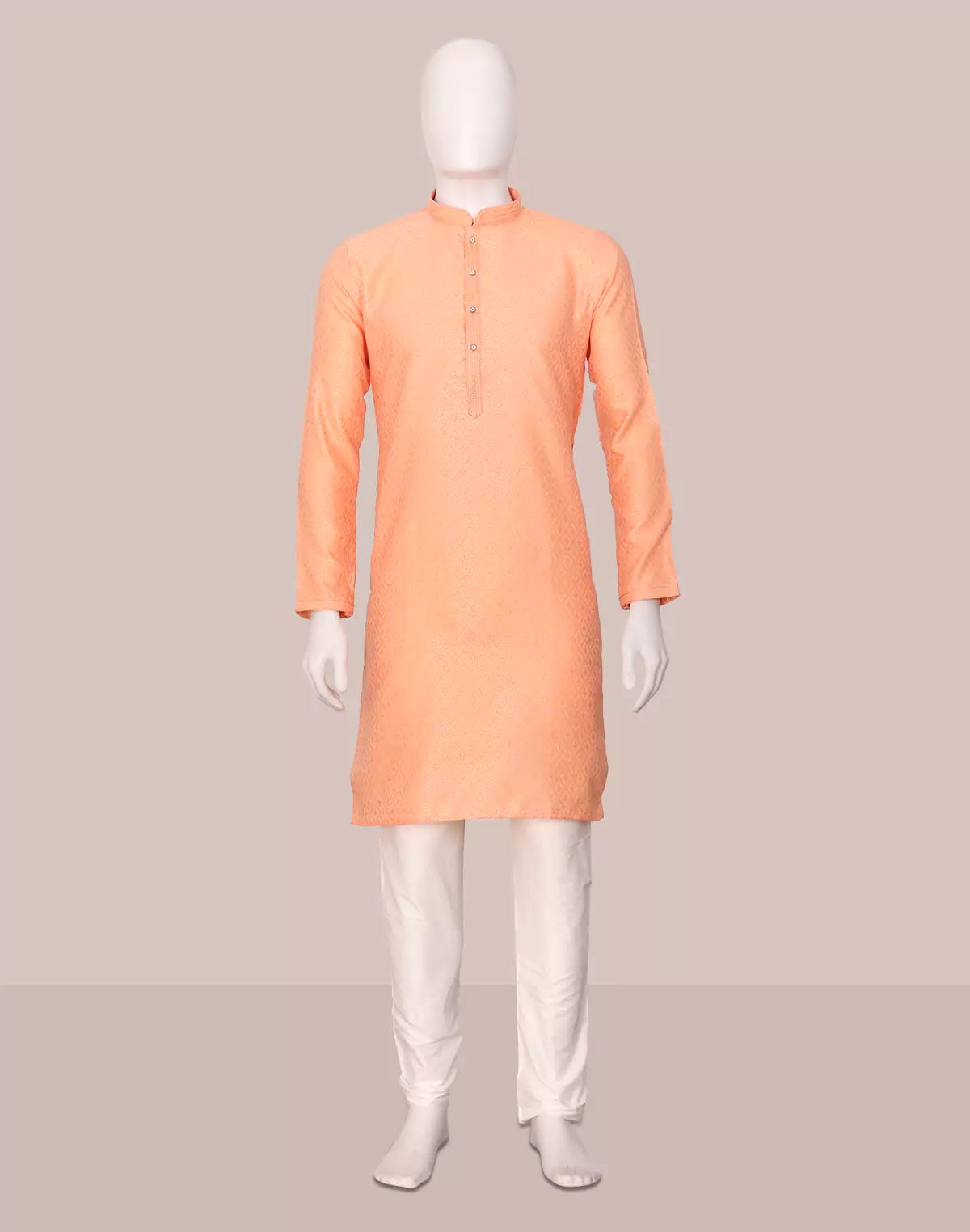 Image of Cotton Silk Self Patterned Peach Kurta with Gold Pyjama