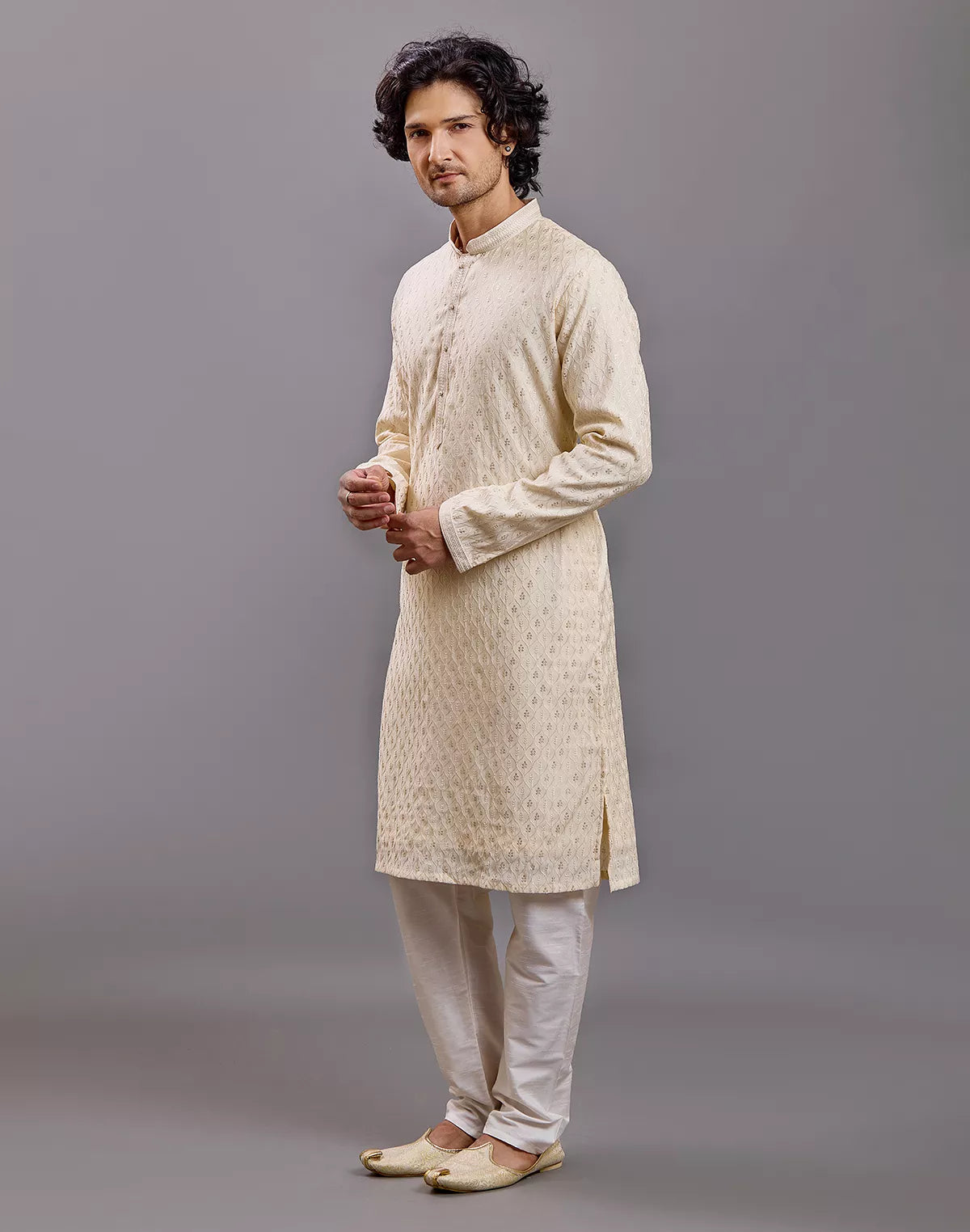 Self Floral with Embellished work Milky Silk Kurta Pyjama