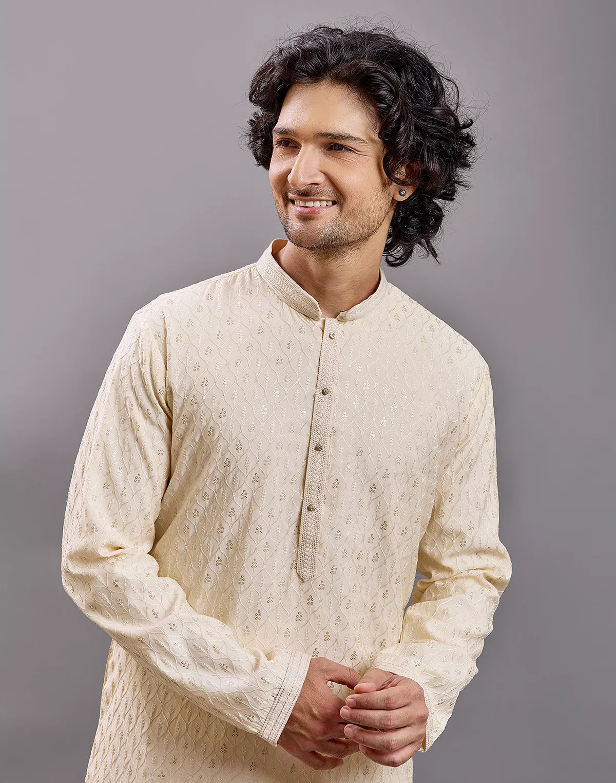 Image of Self Floral with Embellished work Milky Silk Kurta Pyjama
