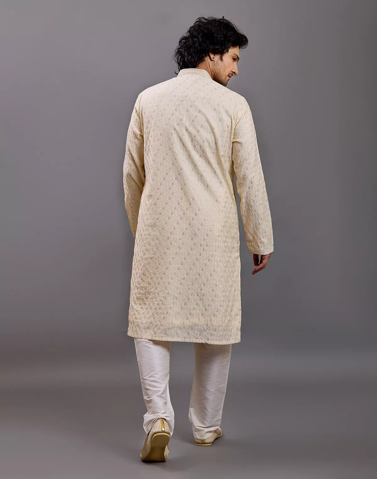 Self Floral with Embellished work Milky Silk Kurta Pyjama