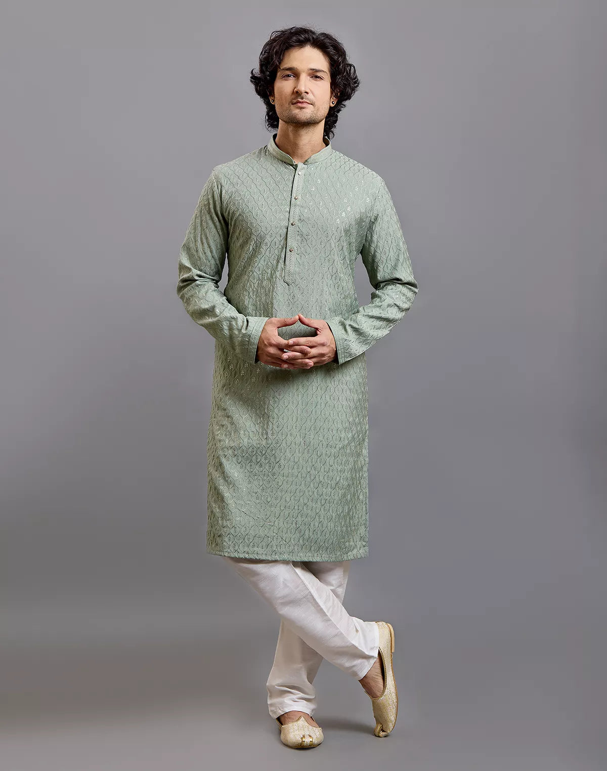Image of Self Floral with Embellished work Milky Silk Kurta Pyjama