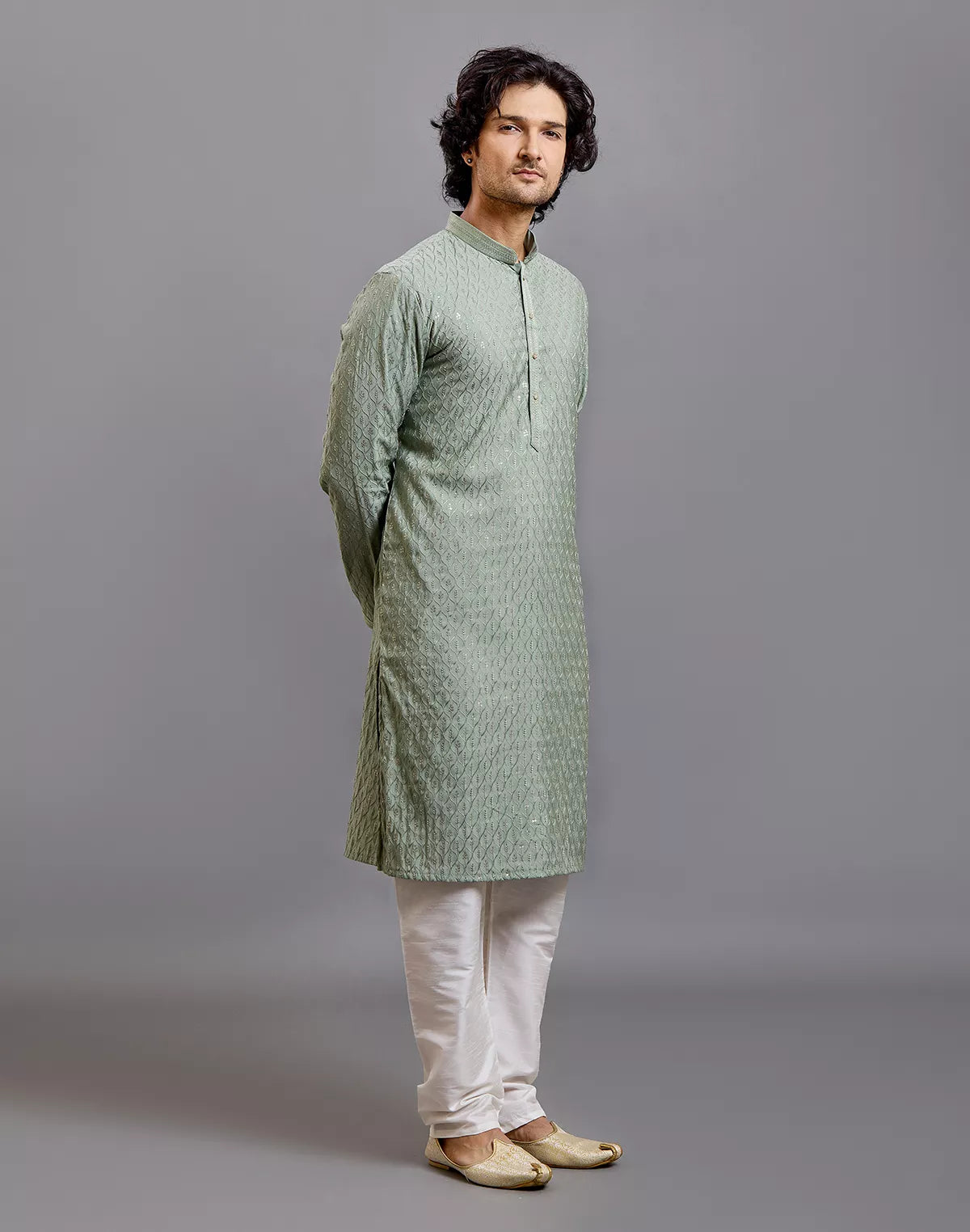 Self Floral with Embellished work Milky Silk Kurta Pyjama