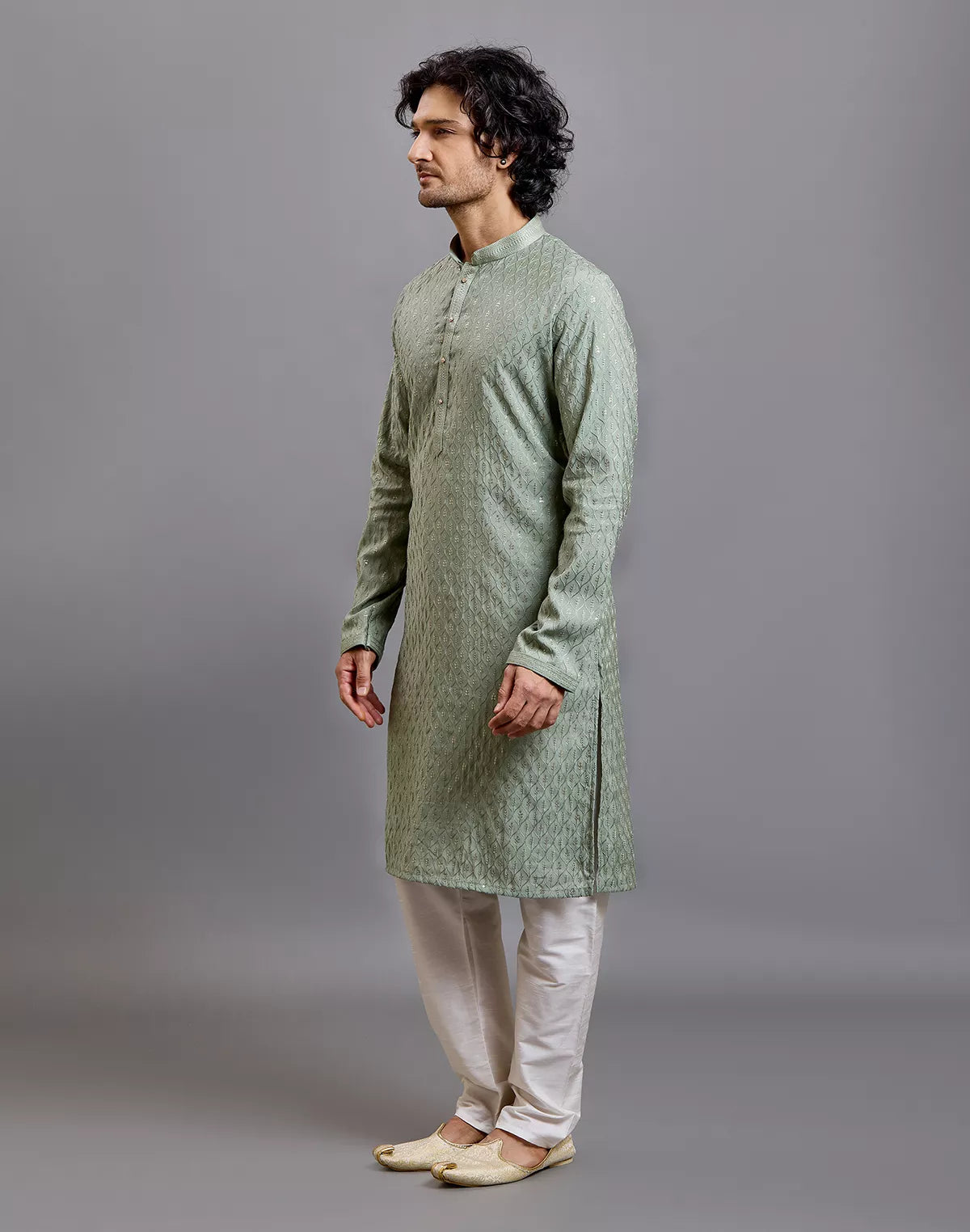 Self Floral with Embellished work Milky Silk Kurta Pyjama