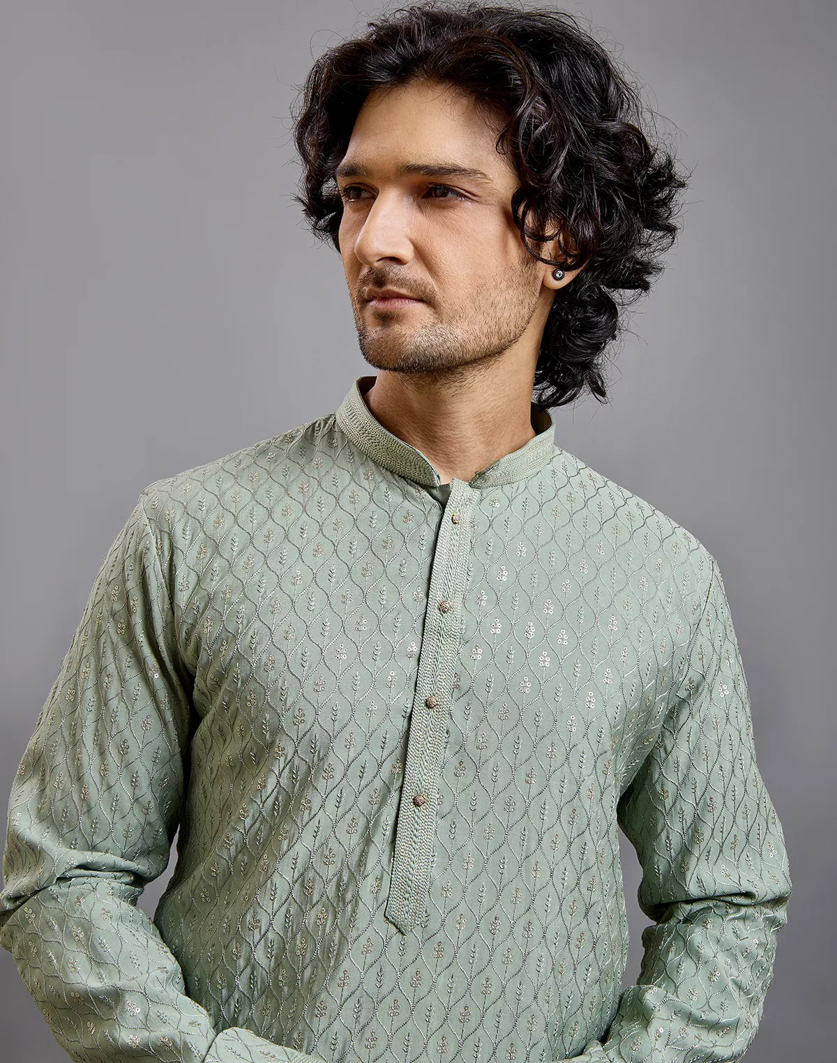 Self Floral with Embellished work Milky Silk Kurta Pyjama