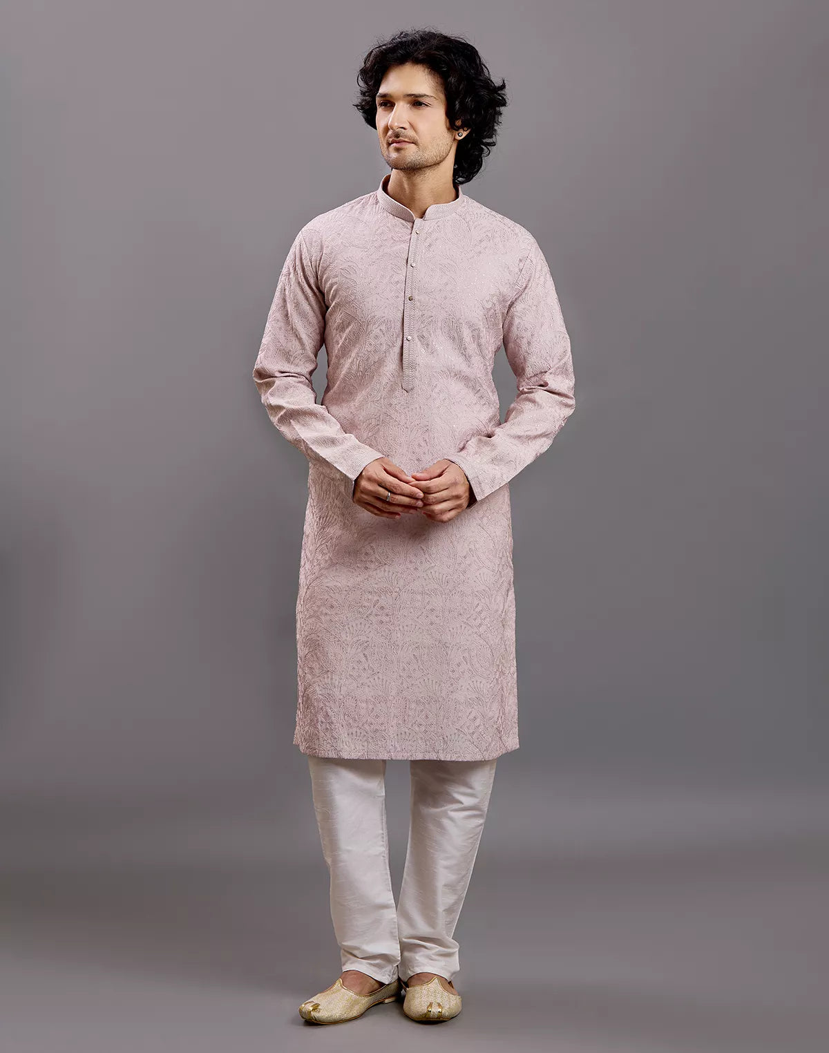 Image of Thread with Embellished work Self Floral Design Cotton Kurta Pajama
