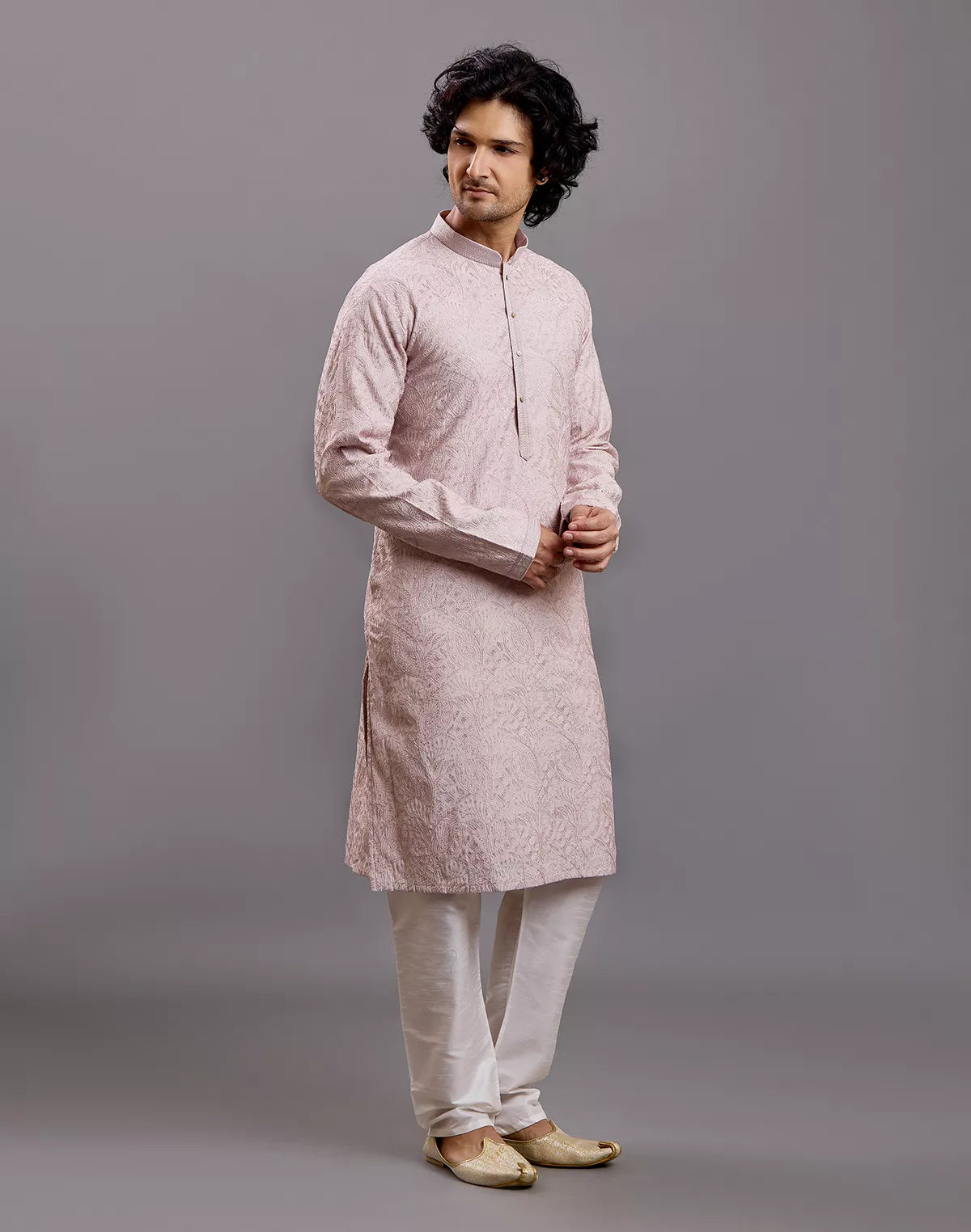 Image of Thread with Embellished work Self Floral Design Cotton Kurta Pajama