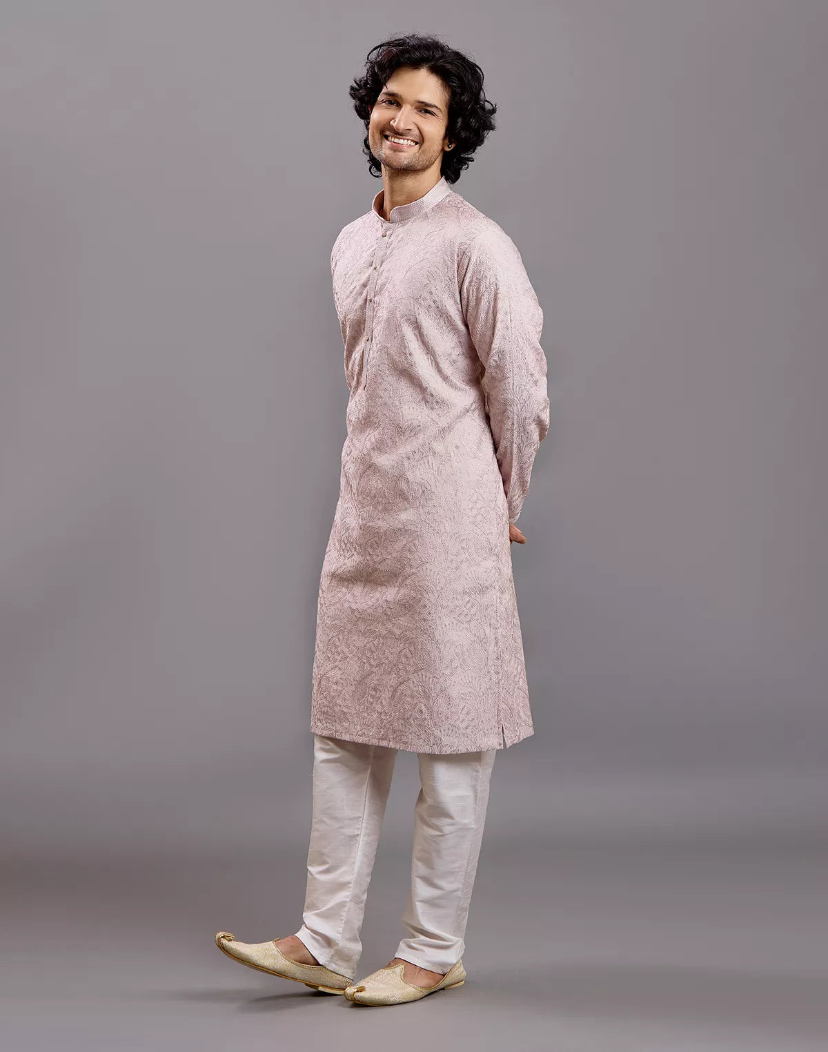 Image of Thread with Embellished work Self Floral Design Cotton Kurta Pajama