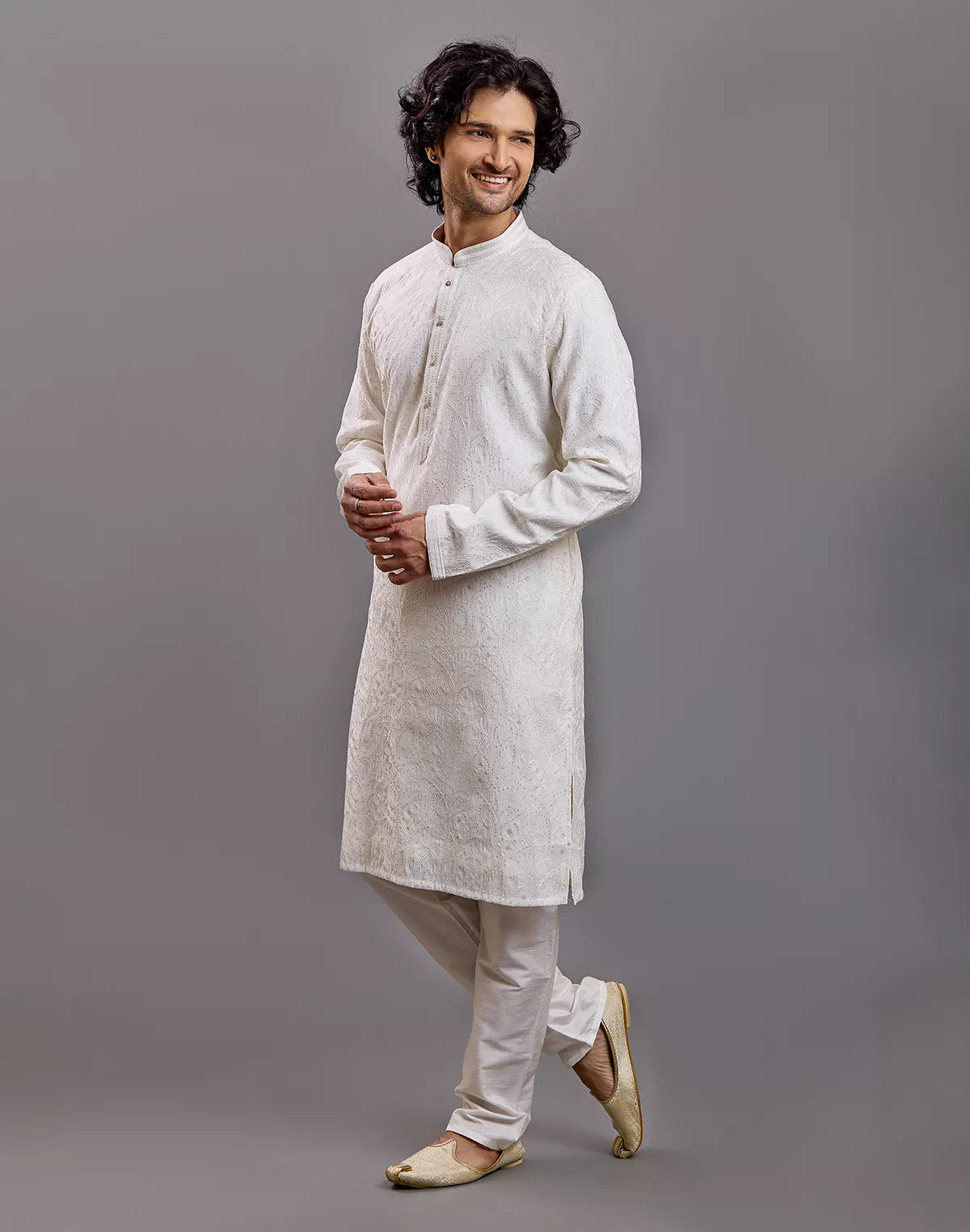 Thread with Embellished work Self Floral Design Cotton Kurta Pajama
