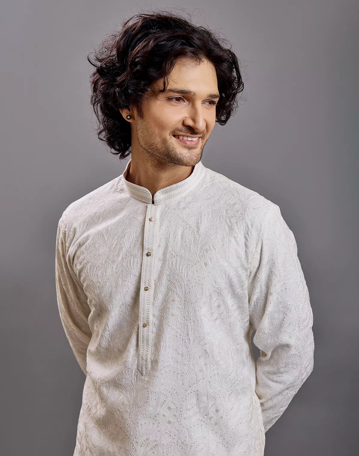 Thread with Embellished work Self Floral Design Cotton Kurta Pajama