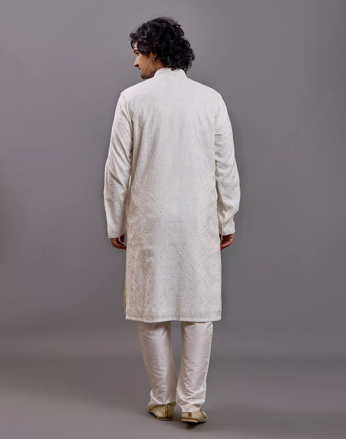 Image of Thread with Embellished work Self Floral Design Cotton Kurta Pajama