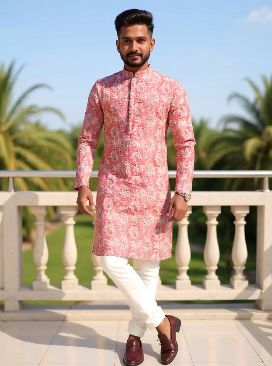 Image of Onion Floral Printed Chanderi Cotton Kurta Pyjama Set