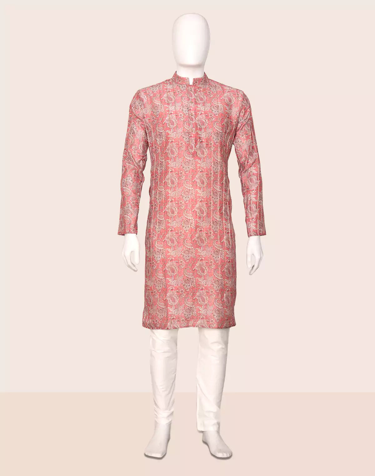 Image of Onion Floral Printed Chanderi Cotton Kurta Pyjama Set