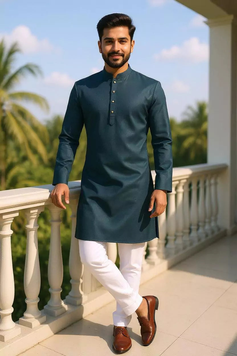 Bottle Green Floral Classic Cotton Kurta Pyjama Set