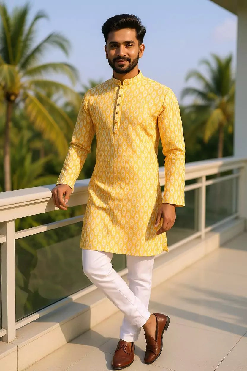 Yellow Trellis Patterned Cotton Printed Kurta Pyjama Set