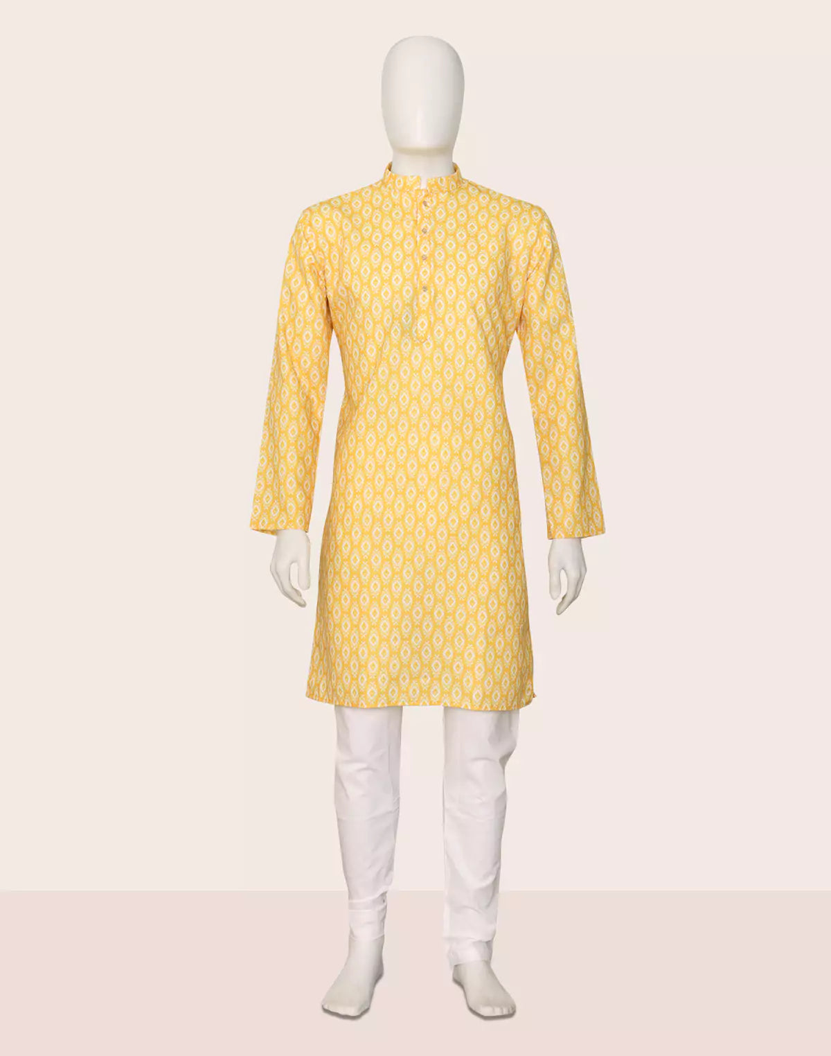 Yellow Trellis Patterned Cotton Printed Kurta Pyjama Set
