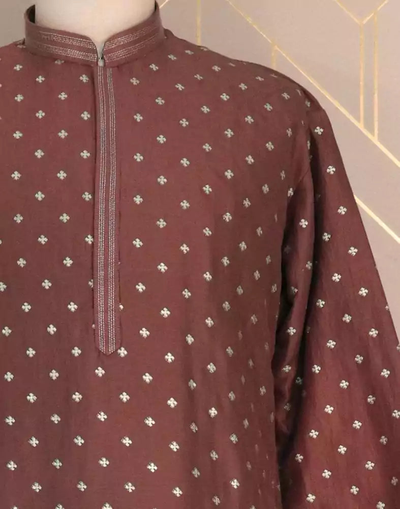 Image of Brown Floral Mica Print Cotton Silk Kurta Pyjama Set