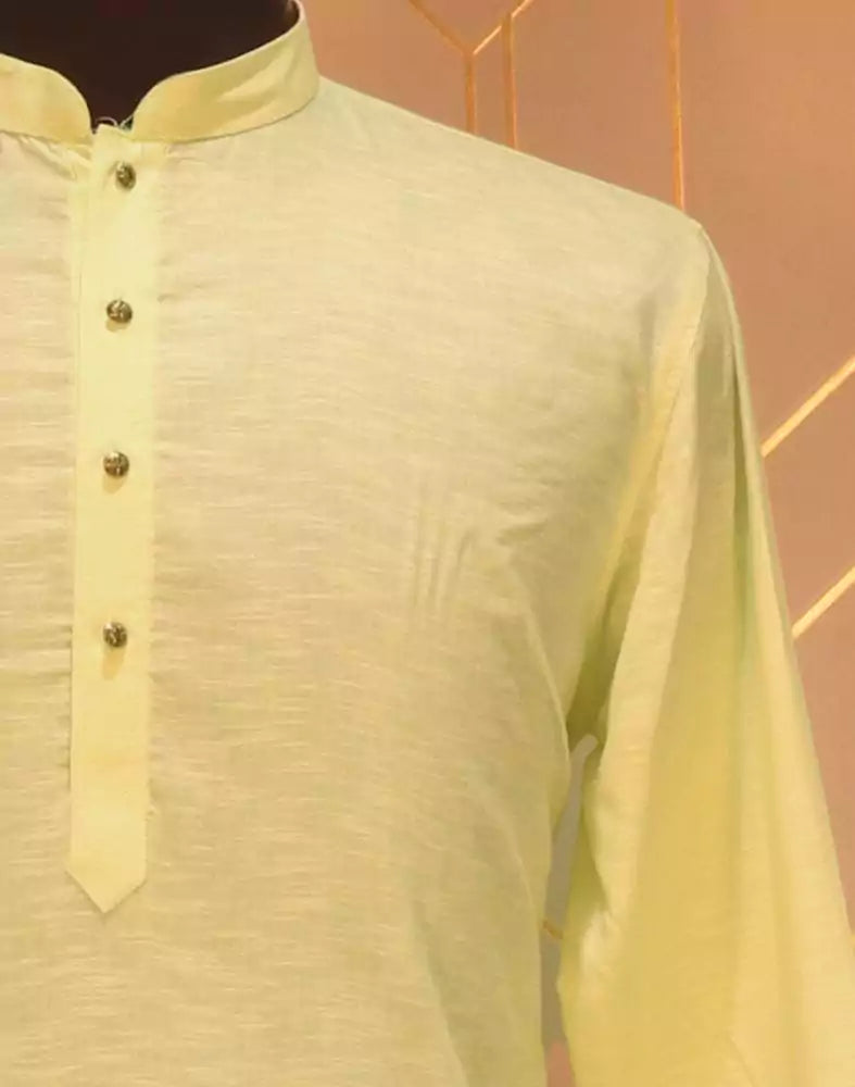 Image of Lemon Plain Cotton Kurta Pyjama Set