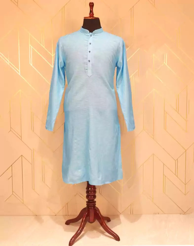 Image of Sky Blue Plain Cotton Kurta Pyjama Set