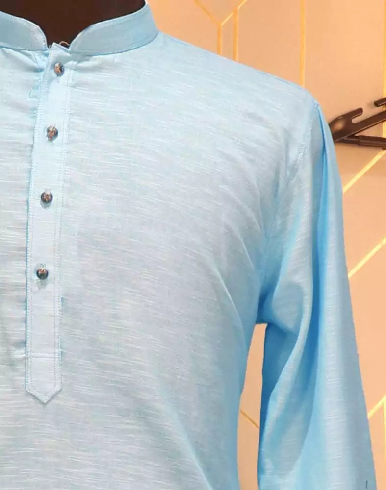 Image of Sky Blue Plain Cotton Kurta Pyjama Set