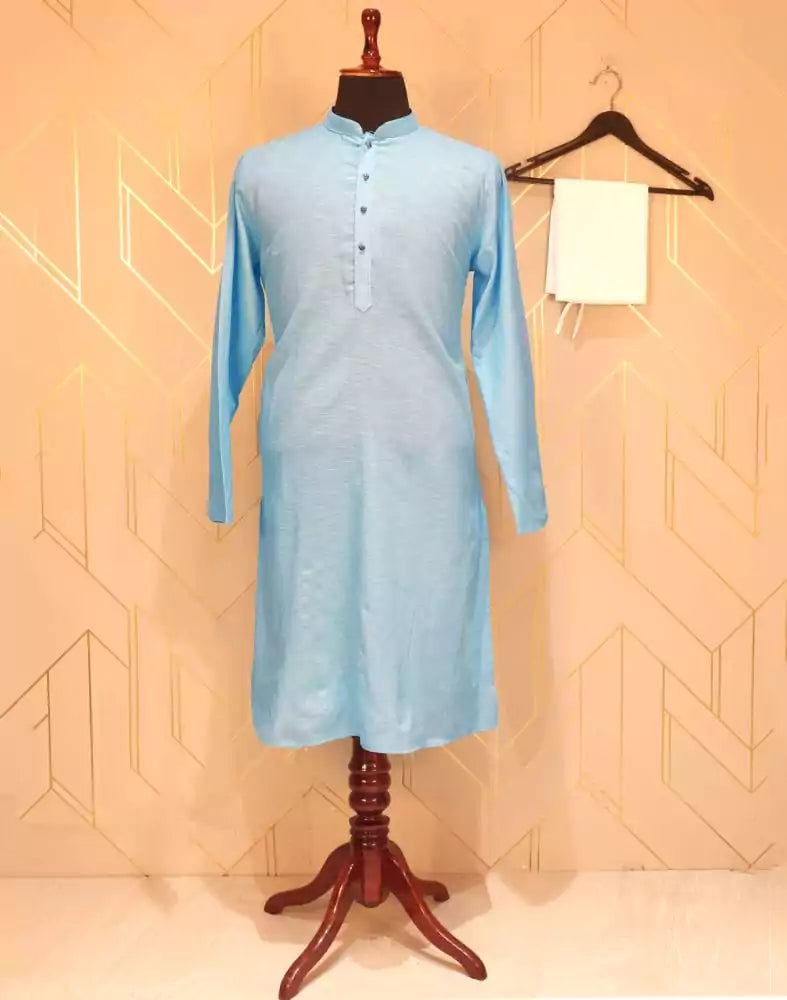 Image of Sky Blue Plain Cotton Kurta Pyjama Set