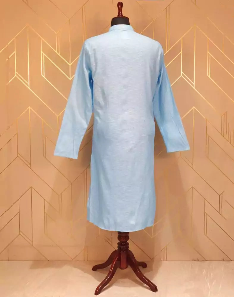 Image of Sky Blue Plain Cotton Kurta Pyjama Set