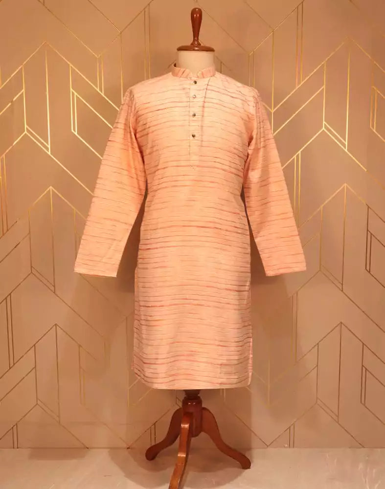 Image of Peach Striped Thread Cotton Kurta Pyjama Set
