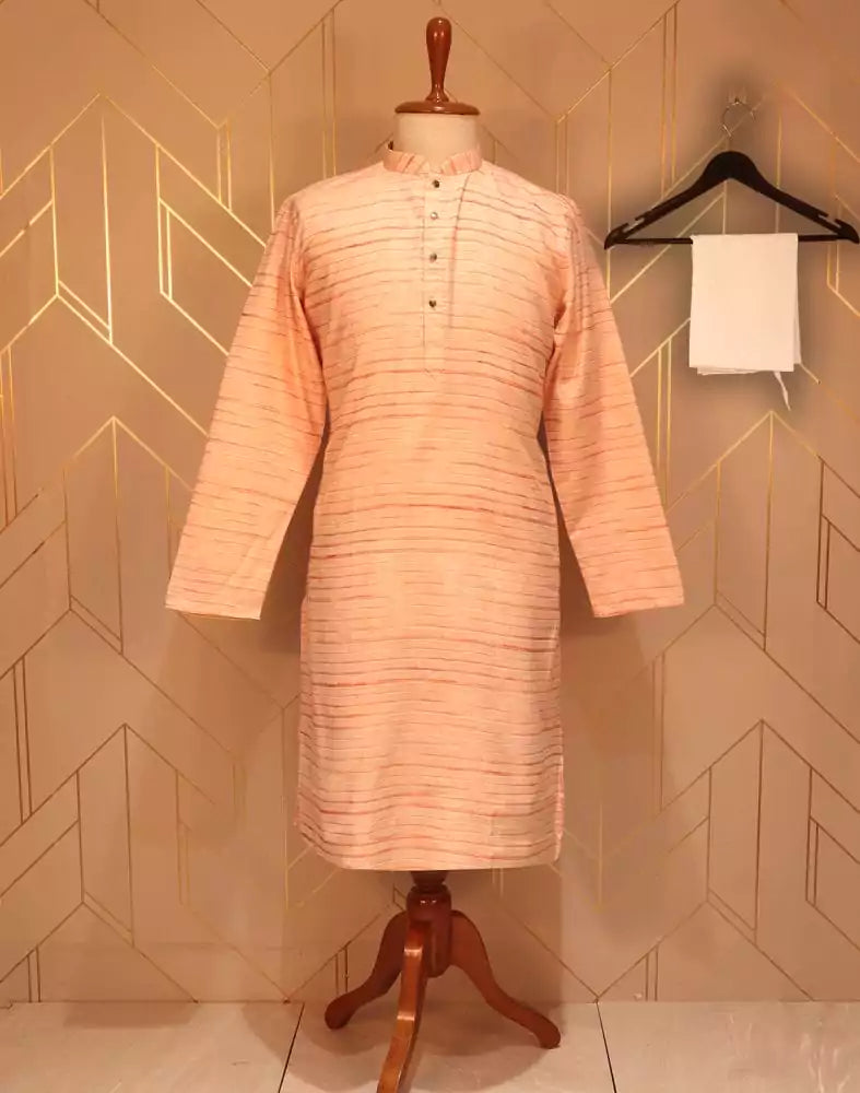 Image of Peach Striped Thread Cotton Kurta Pyjama Set