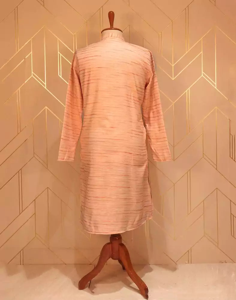 Image of Peach Striped Thread Cotton Kurta Pyjama Set
