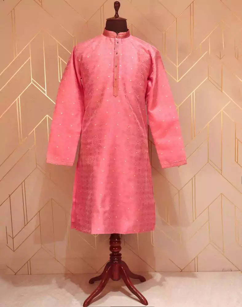 Image of Pink Coloured Geometric Weave Jacquard Kurta Pyjama Set