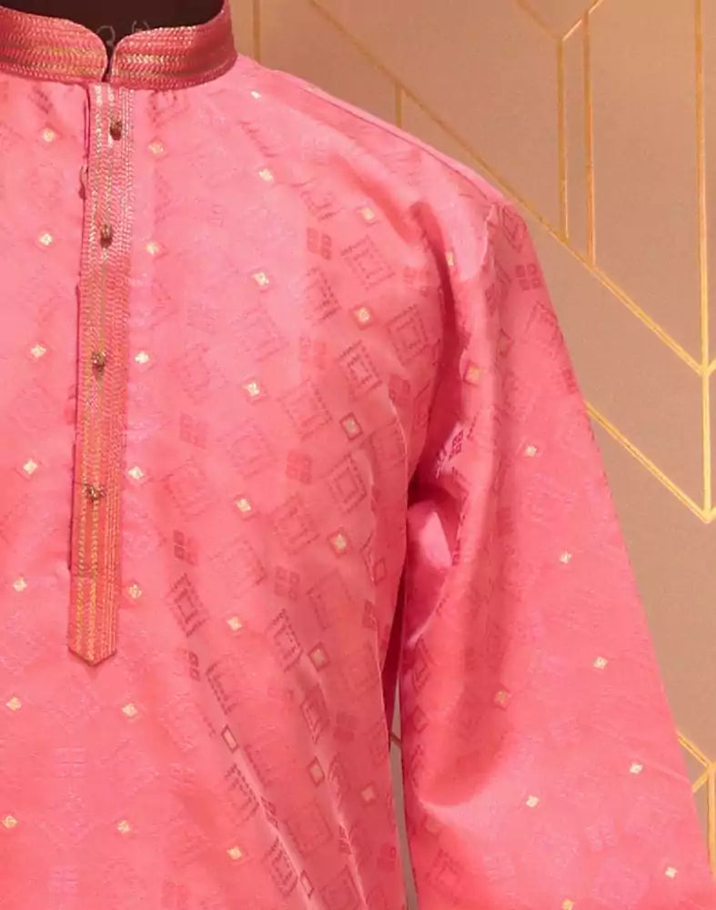 Image of Pink Coloured Geometric Weave Jacquard Kurta Pyjama Set