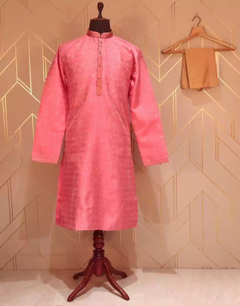 Image of Pink Coloured Geometric Weave Jacquard Kurta Pyjama Set