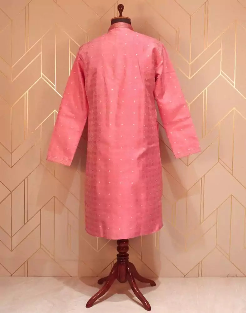 Image of Pink Coloured Geometric Weave Jacquard Kurta Pyjama Set