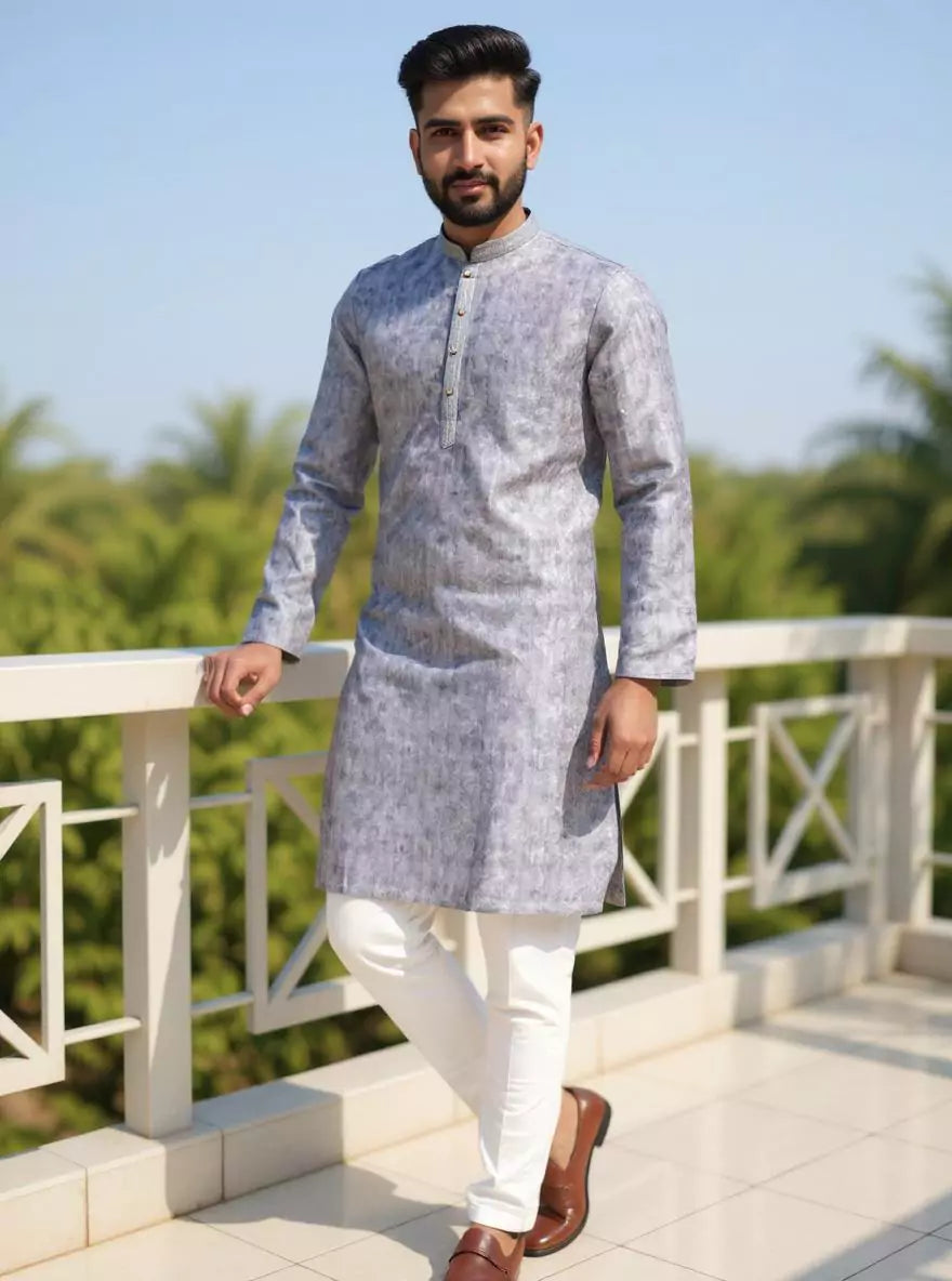 Image of Grey Self Design Jacquard Embellished work Kurta Pyjama Set