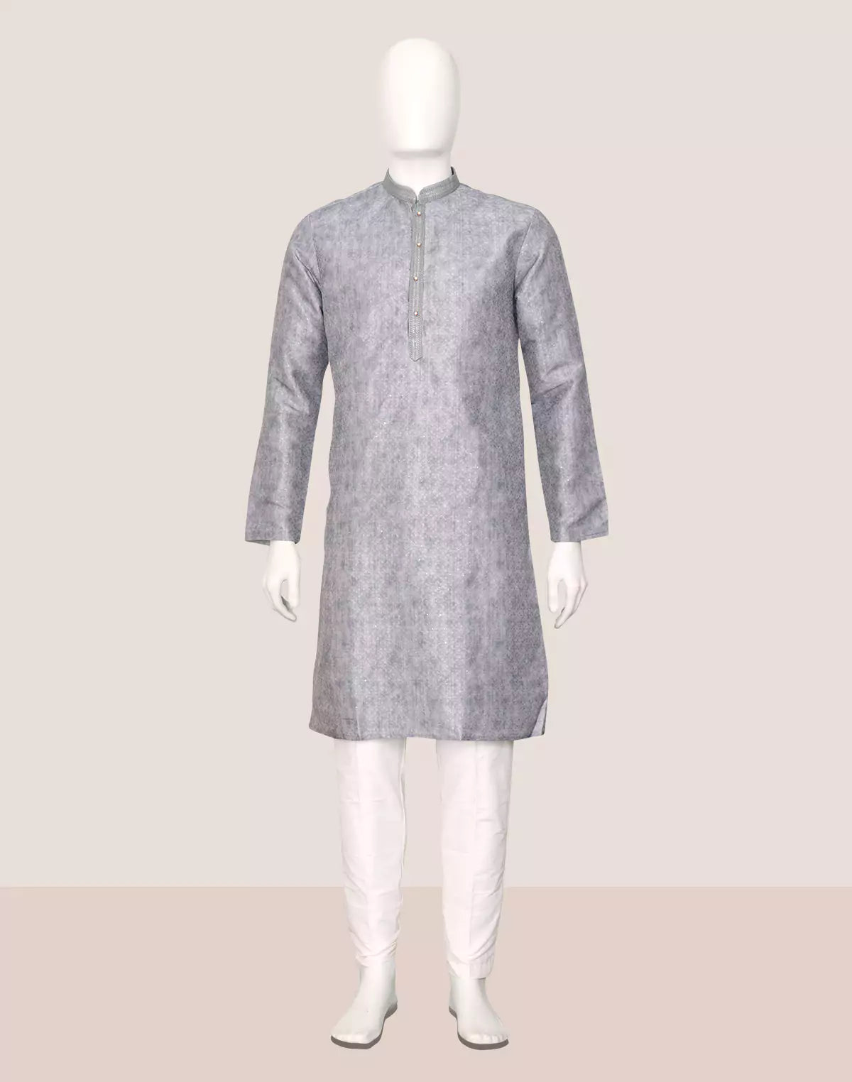 Image of Grey Self Design Jacquard Embellished work Kurta Pyjama Set